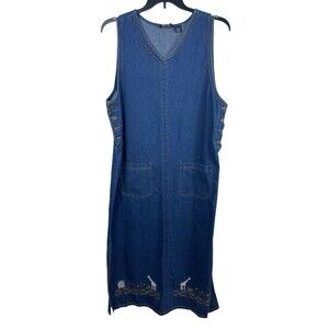 VTG 90s M.P.H. Blues Denim Jumper Dress L Embroidered Animals Safari Pockets NWT